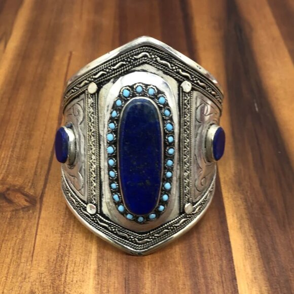 Jewelry - Single Vintage Afghan Cuff Bracelet: Lapis, Turquoise, Sterling Silver Tribal